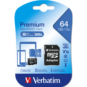 MINNEKORT MICRO SDXC CARD 64GB CLASS 10 M/ADAPTER VERBATIM