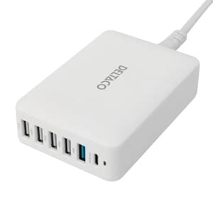 LADESTASJON USB DELTACO 5XUSB-A, 1XUSB-C 60W HVIT